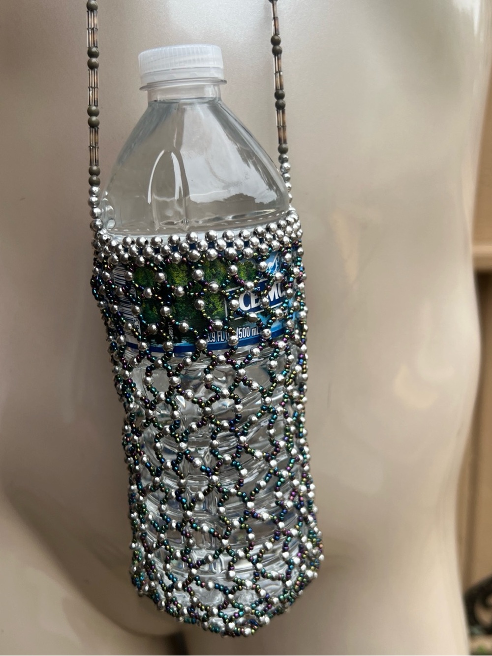 Cross body Gray Beaded Water Bottle Holder case with Long Straps